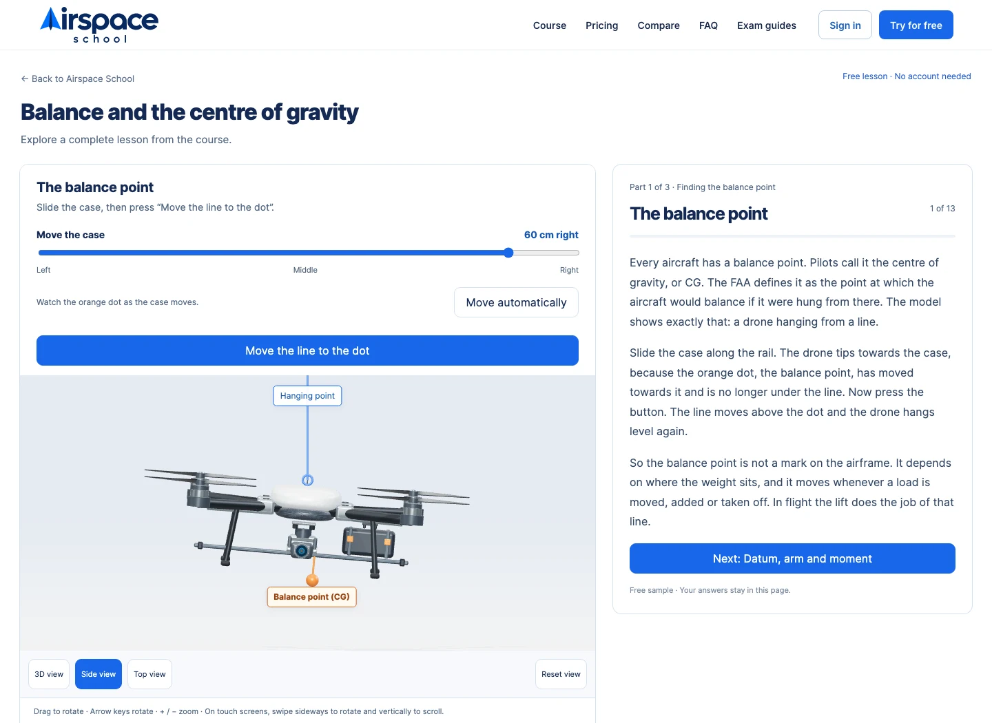 Airspace School’s free balance lesson: a slider moves a load on a 3D drone while the adjacent explanation teaches the centre of gravity.