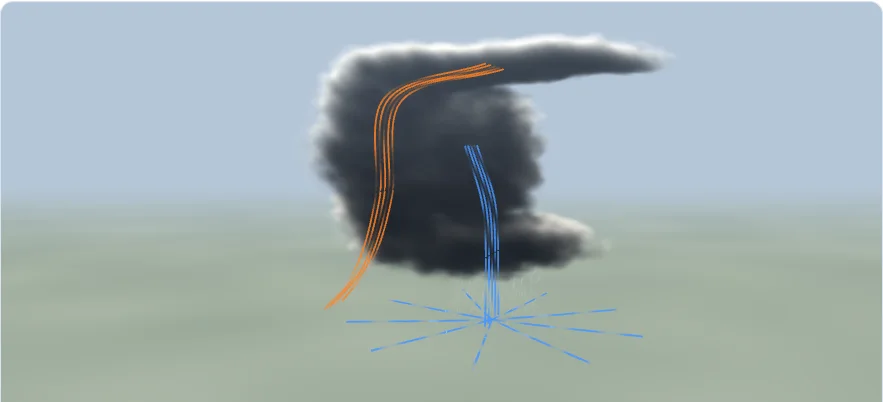 A three-dimensional cloud model illustrates the stages of a thunderstorm.