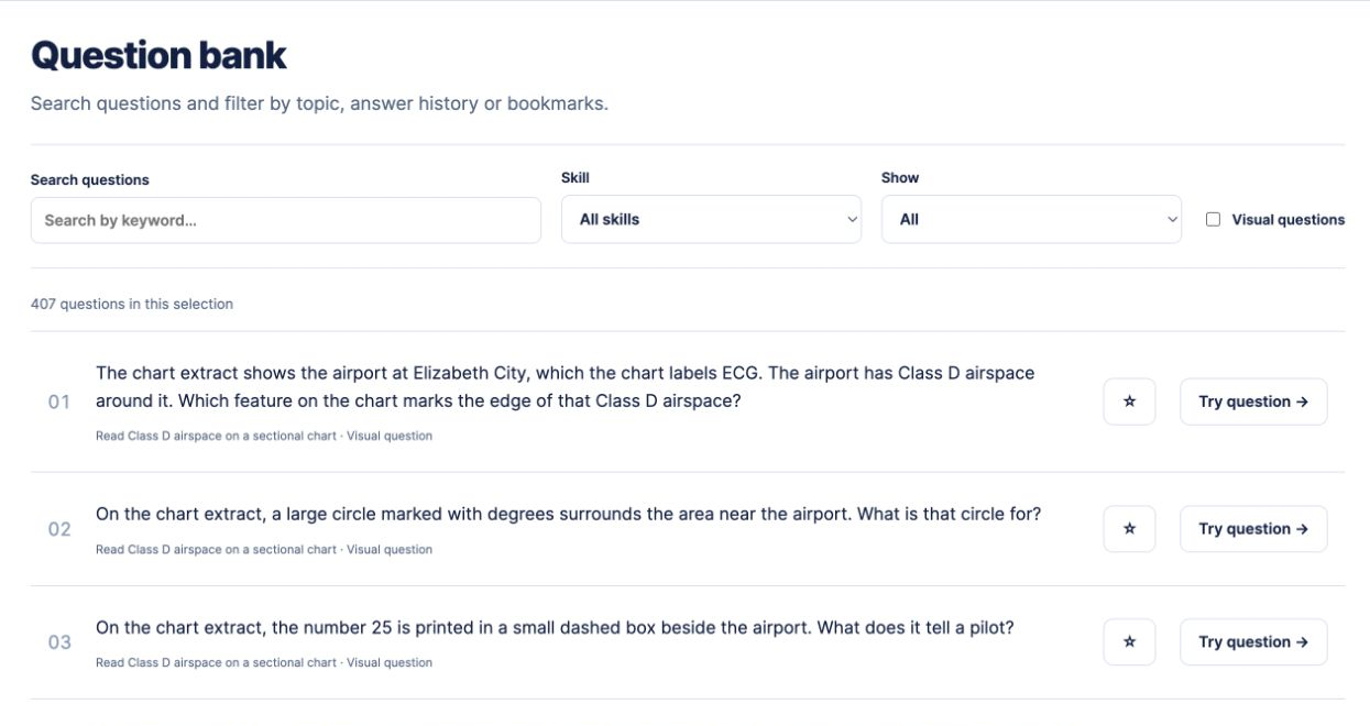 Actual Question Bank: topic filters, answer history, visual questions and bookmarks.