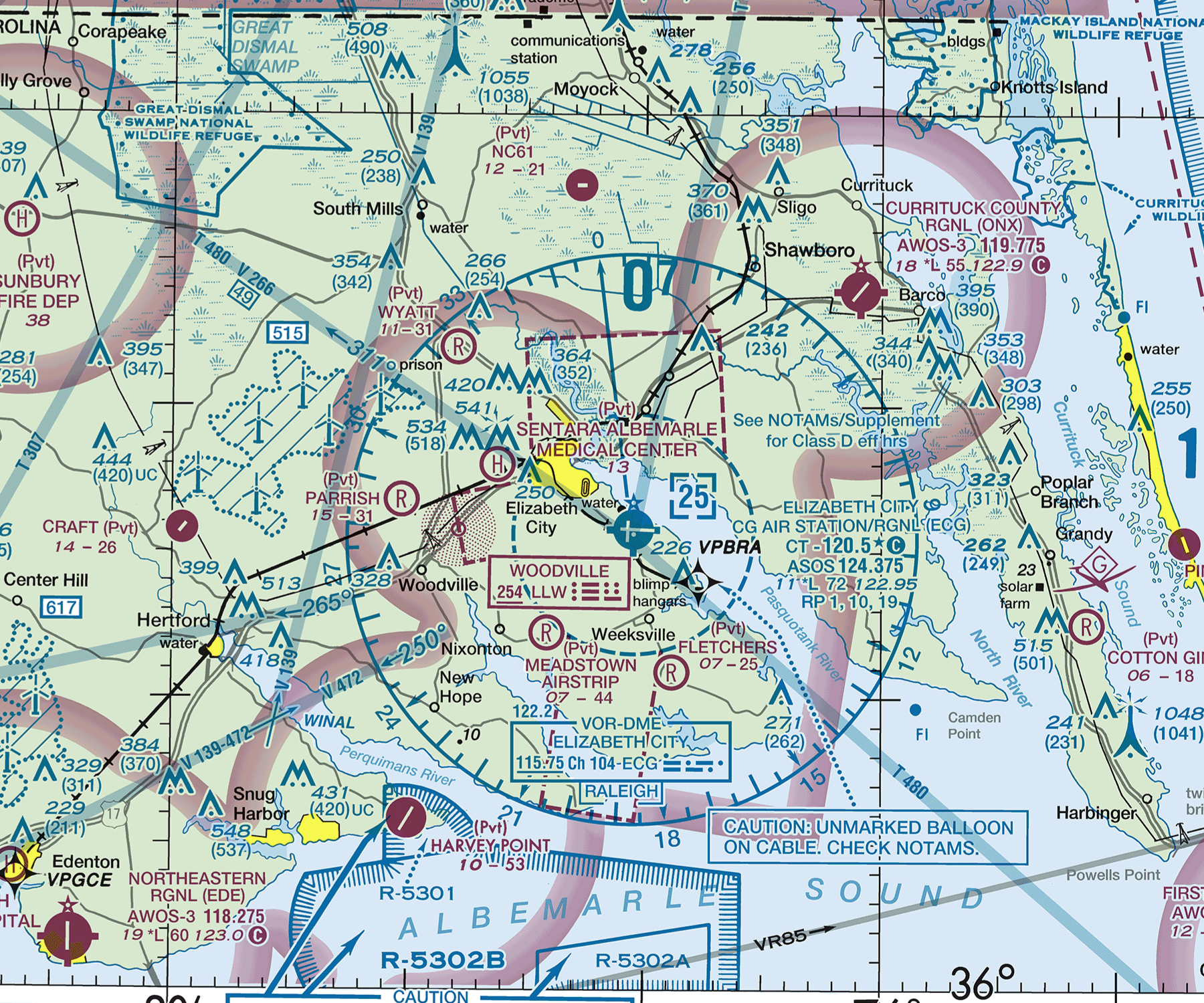 FAA Washington Sectional excerpt showing the small dashed blue Class D boundary around Elizabeth City airport, a boxed 25, and a larger graduated VOR compass circle.